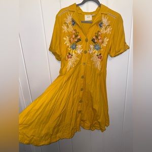 Anthropologie Maeve Yellow Floral Embroidered Dress